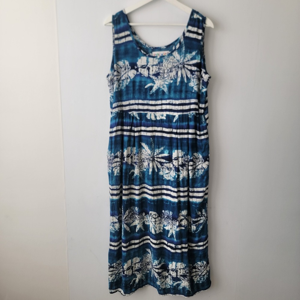 Jams World womens Midi Shift Dress sz L Blue Hawaiian Floral Tropical sleeveless